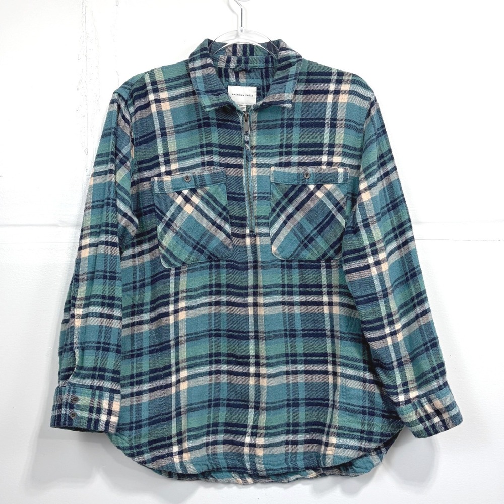 American Eagle Teal Plaid Quarter Zip Flannel Shirt Relaxed Boyfriend Fit Small